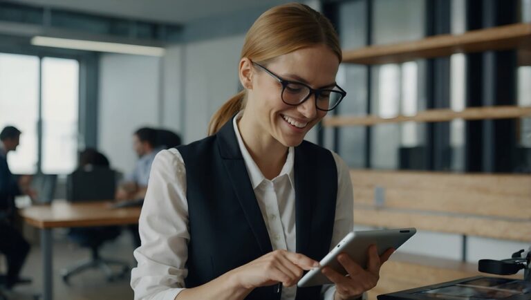 Woman wearing blue light blocking glasses holding a tablet device in her hands